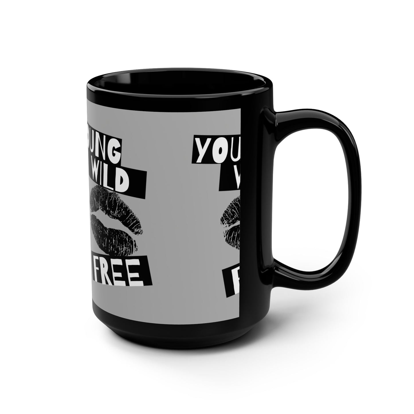 Young Wild Free SmileandLaughTees Black Mug, 15oz