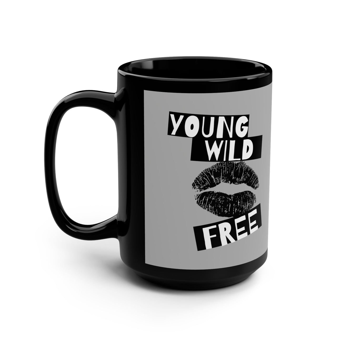 Young Wild Free SmileandLaughTees Black Mug, 15oz