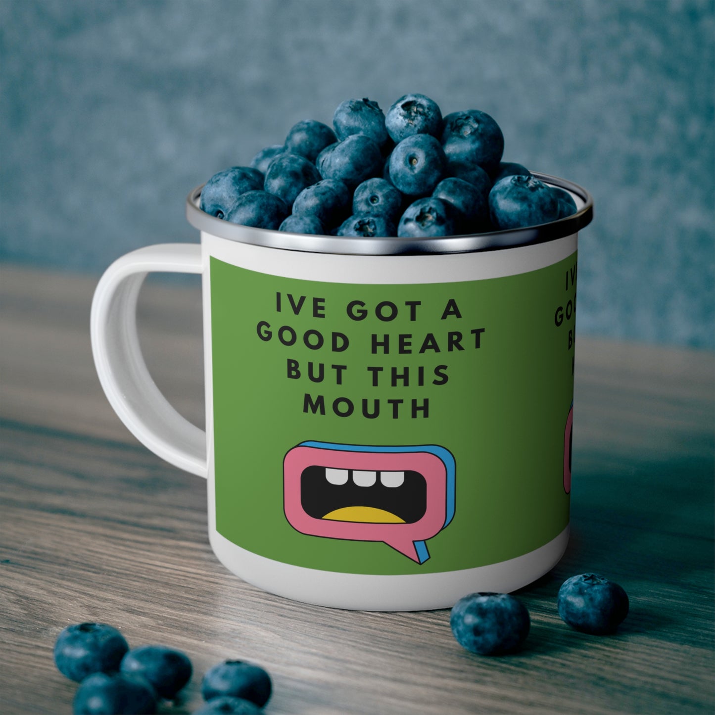 I’ve Got A Good Heart But This Mouth SmileandLaughTees Enamel Camping Mug