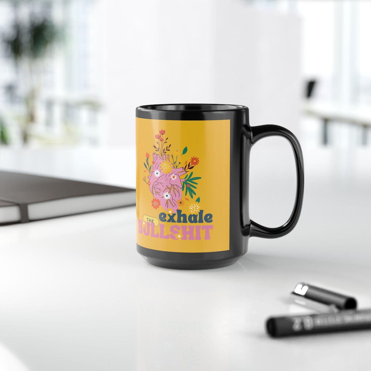 Exhale The Bullshit SmileandLaughTees Black Mug, 15oz