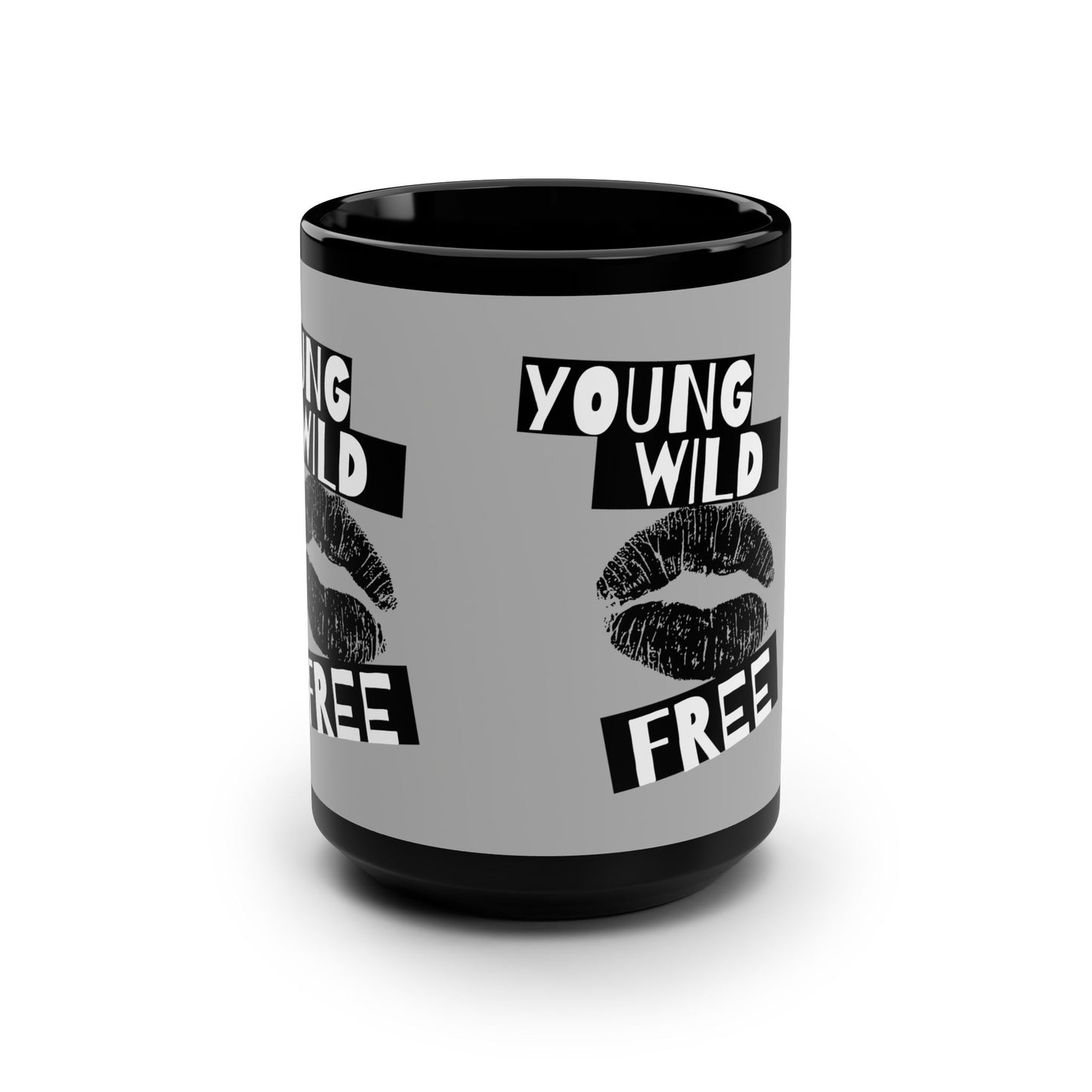 Young Wild Free SmileandLaughTees Black Mug, 15oz