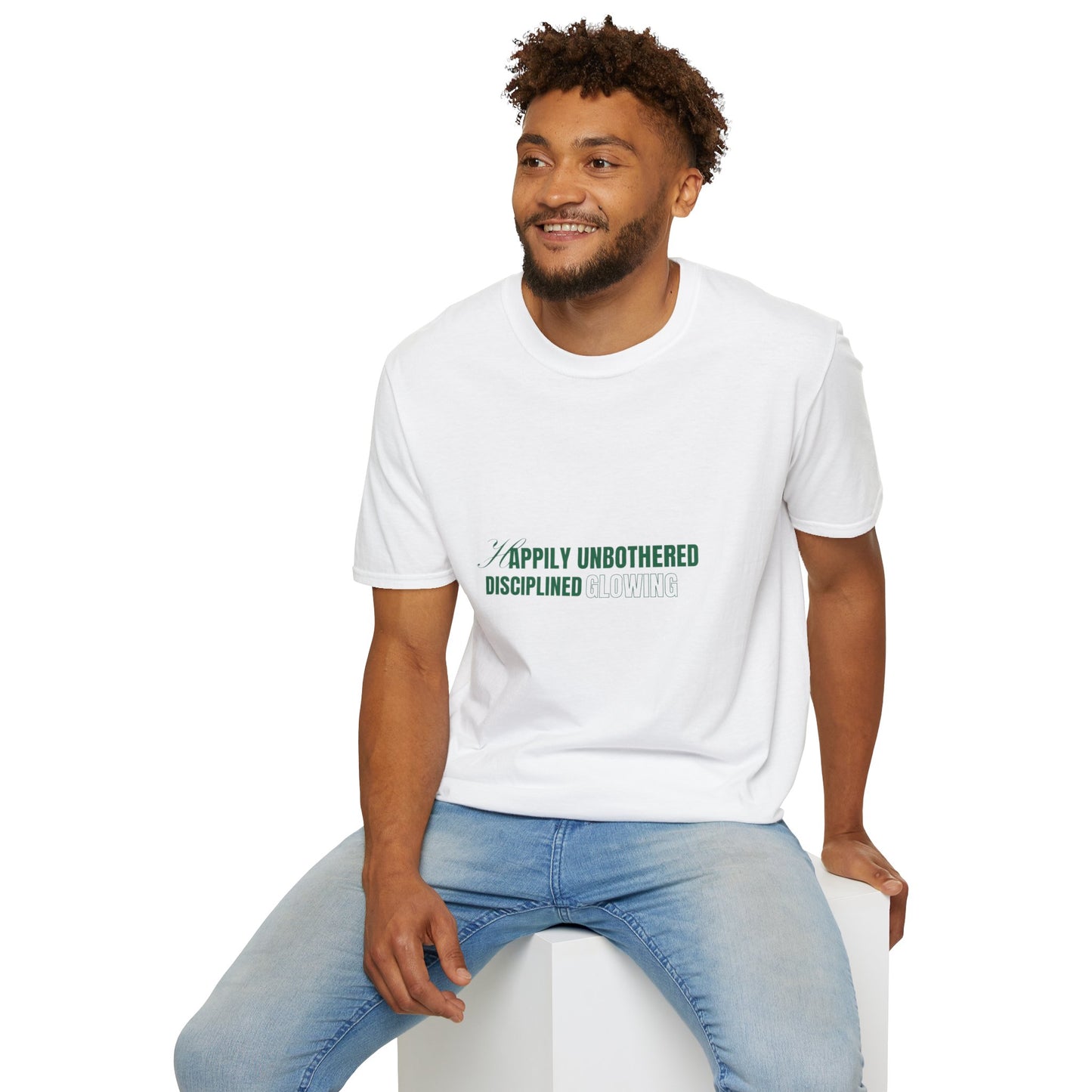 Happily Unbothered Discriplined Glowing SmileandLaughTees Unisex Softstyle T-Shirt