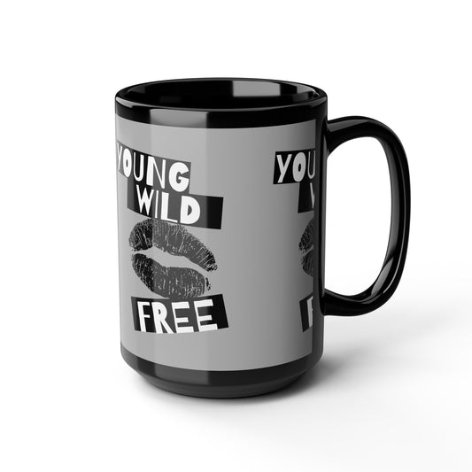 Young Wild Free SmileandLaughTees Black Mug, 15oz