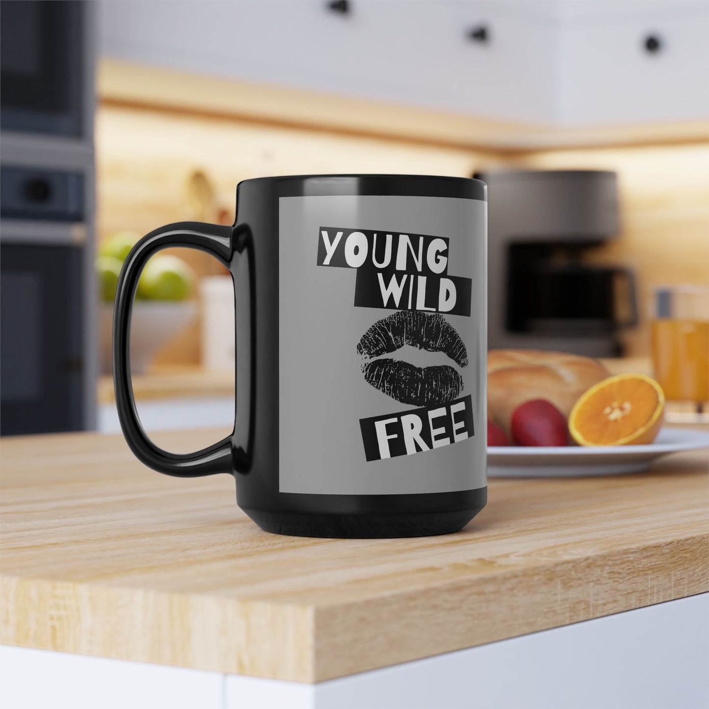 Young Wild Free SmileandLaughTees Black Mug, 15oz